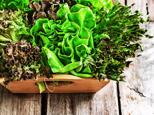 A wooden crate filled with fresh, green leafy vegetables, including lettuce and spinach, sits on a wooden surface.