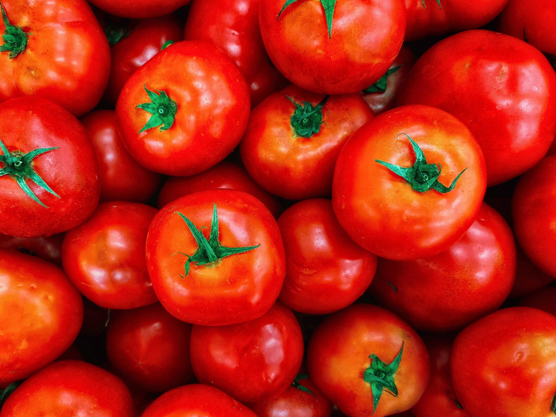 A close-up image of a pile of ripe, red tomatoes with green stems.