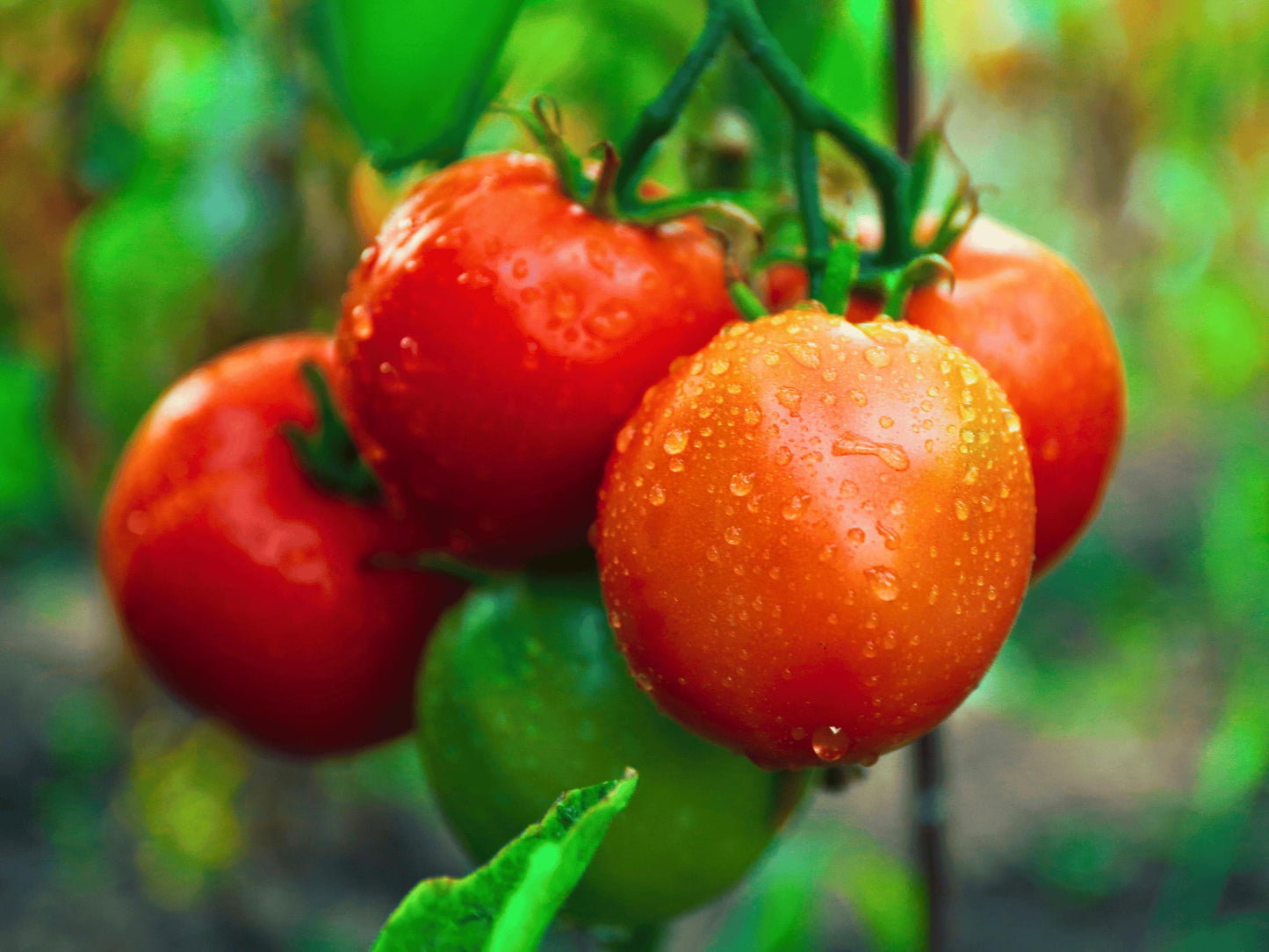 A cluster of ripe, red tomatoes with water droplets on their surface, surrounded by green leaves.